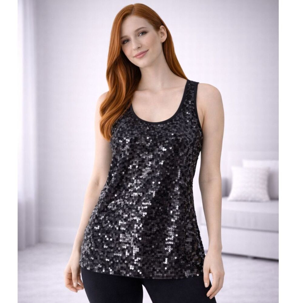 Prestige Edge Sequin Sleeveless Tank Top Black M